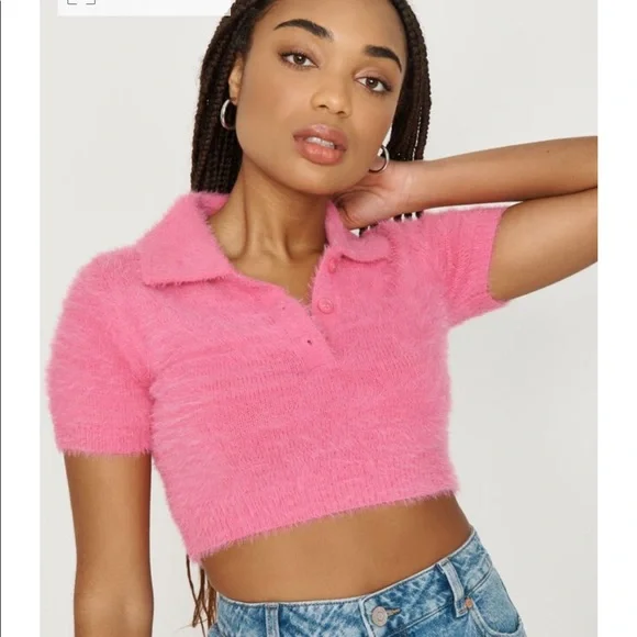 Tops | Garage Pink Cropped Fuzzy Polo | Poshmark